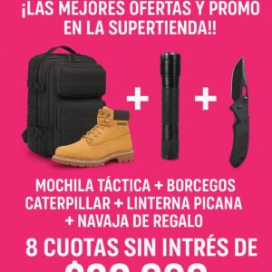 Mochila tactica + borcegos + caterpillar + linterna picana + navaja de regalo